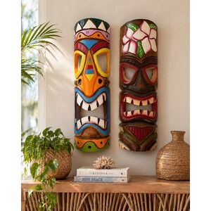 Set of 2 Hand Carved Wooden Tiki Masks Wall Hanging Tropical Plumeria Decor 20in